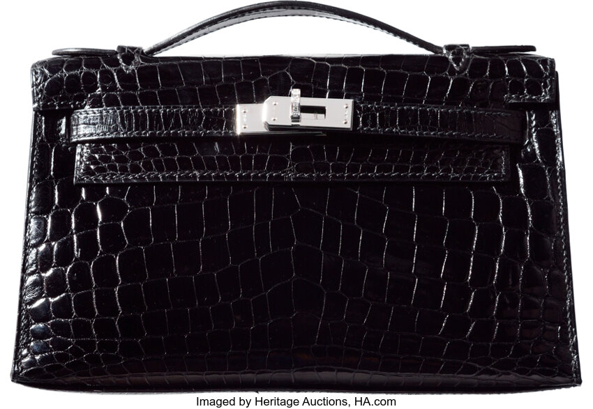 Hermes Shiny Black Niloticus Crocodile Diamond Kelly Pochette with Lot 58085 Heritage Auctions