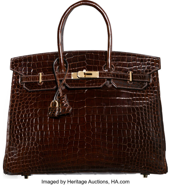 Hermès 35cm Shiny Chocolate Porosus Crocodile Birkin Bag with Gold