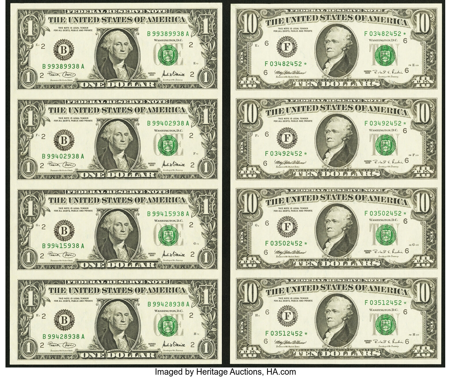 Fr. 2032-F* $10 1995 Federal Reserve Star Notes. Uncut Sheet of | Lot ...