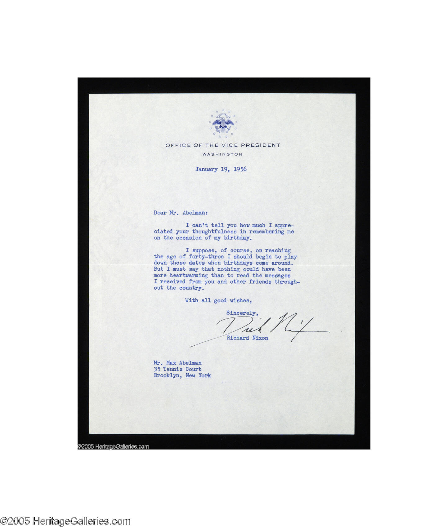 Richard Nixon Typed Letter as Vice President, 1956... Autographs