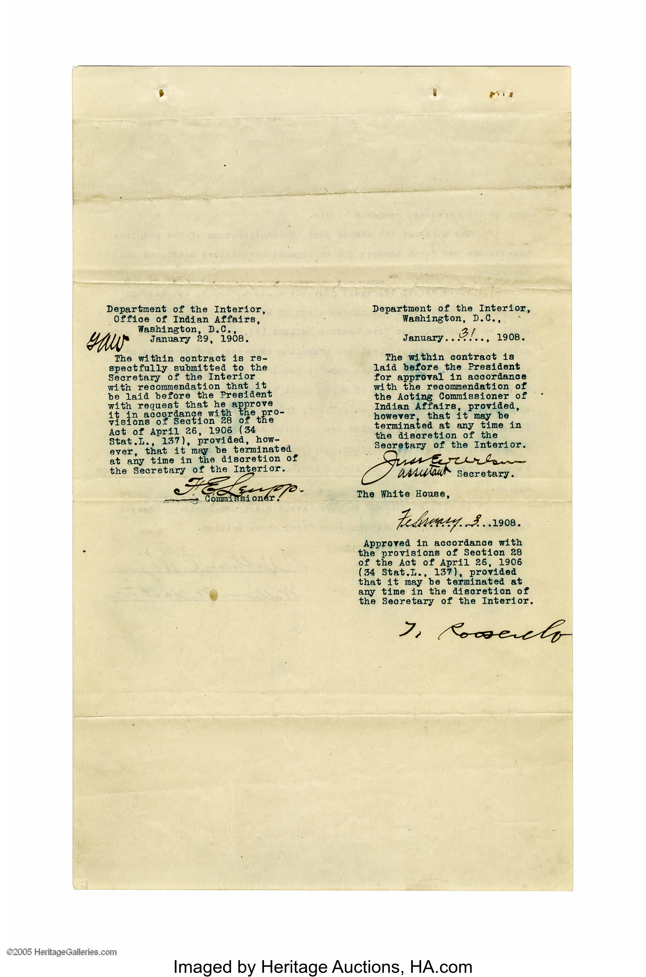 Theodore Roosevelt Signed Documents Regarding Native Americans... | Lot ...