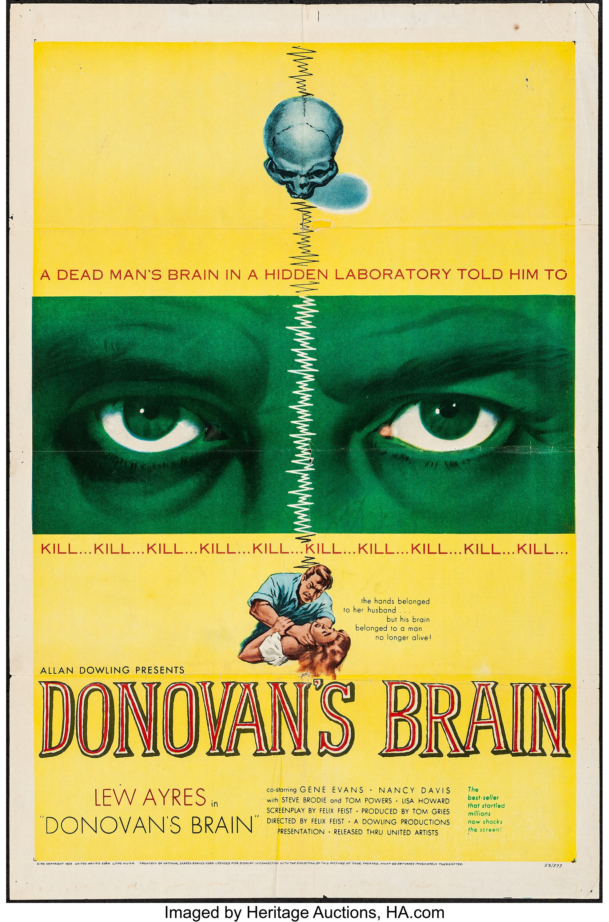 Donovan s Brain United Artists 1953 . Folded Fine . One Sheet