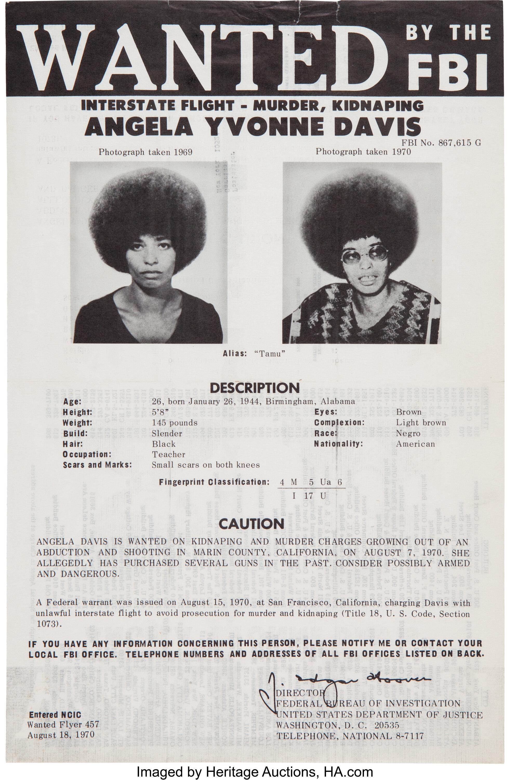 Angela Yvonne Davis Fbi Wanted Poster Miscellaneous Broadside Lot Heritage Auctions