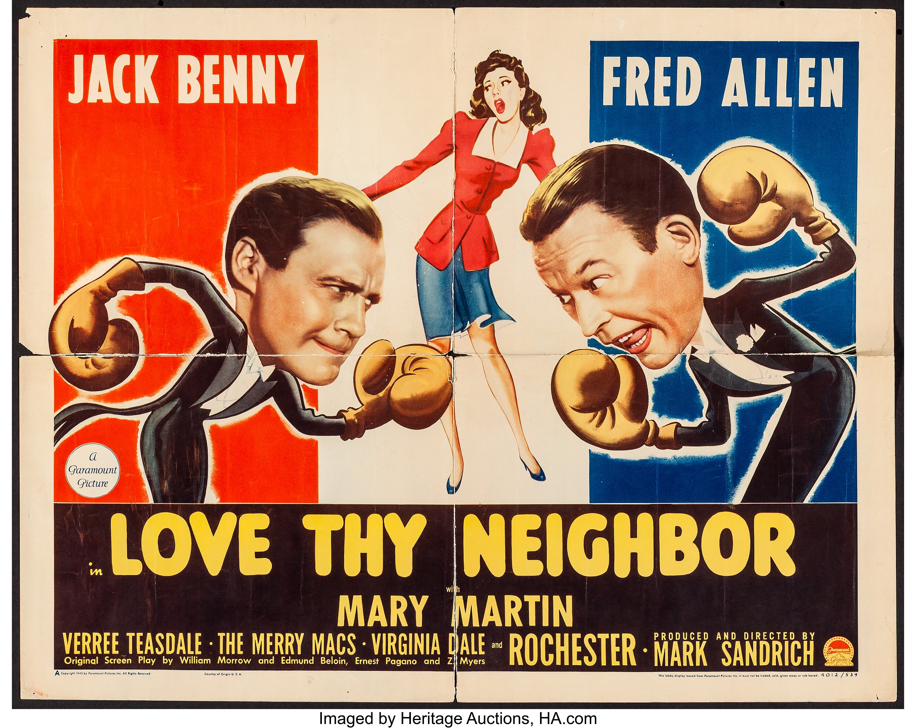 Love Thy Neighbor (Paramount, 1940). Folded, Fine-. Half Sheet (22