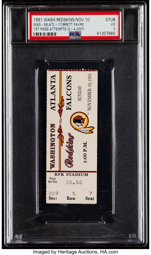 1991 Redskins vs. Falcons Ticket Stub - Brett Favre's 1st Pass