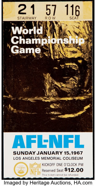 Sold at Auction: 1967 Super Bowl I ticket stub.