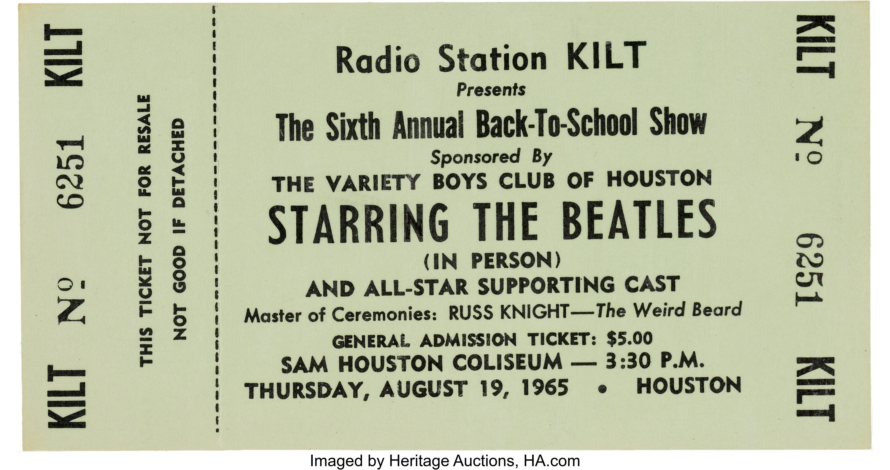 Beatles Sam Houston Coliseum Concert Ticket 1965 Music Lot 89401 Heritage Auctions 