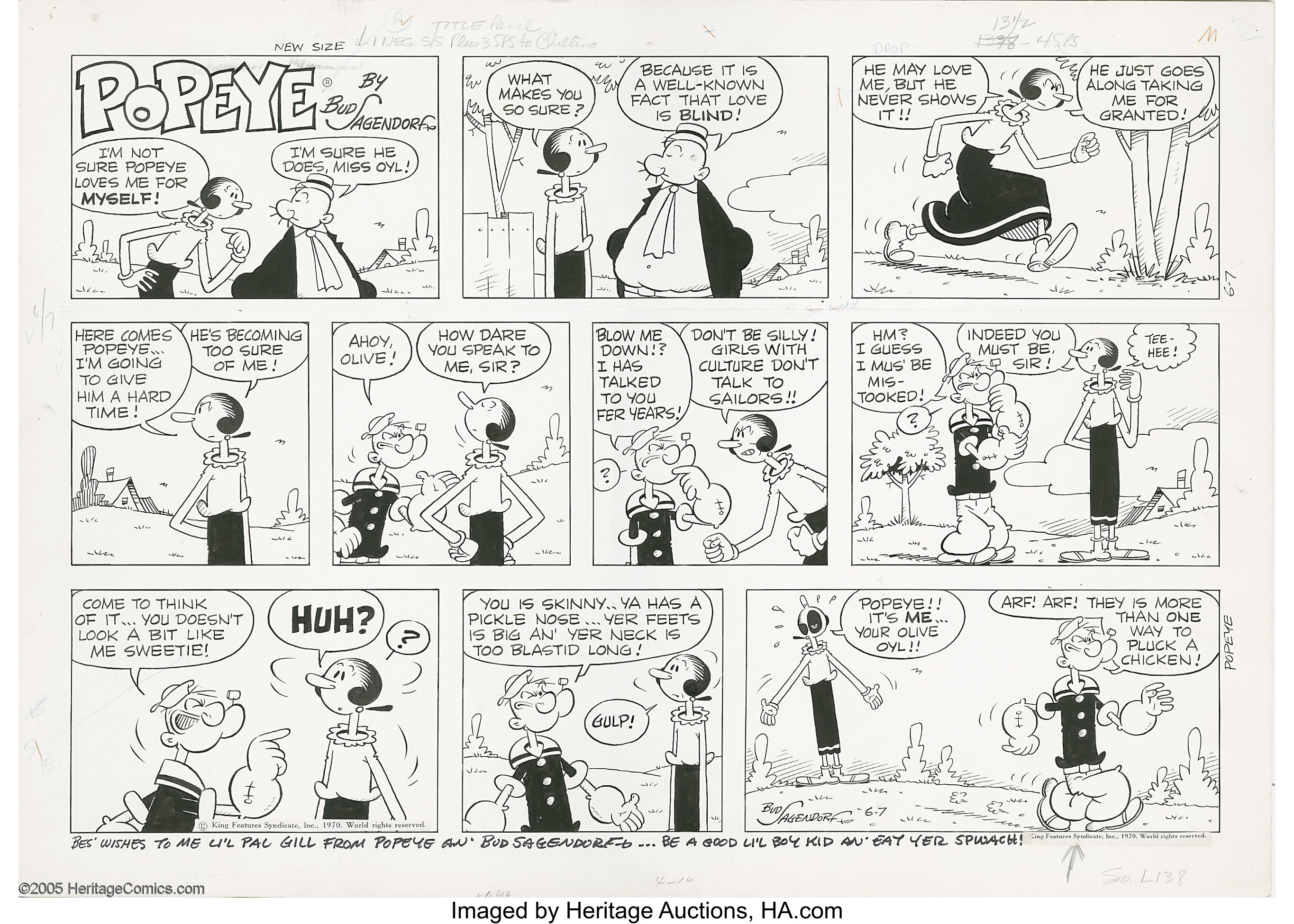 Bud Sagendorf - Popeye Sunday Comic Strip Original, dated 6-7-70 | Lot ...