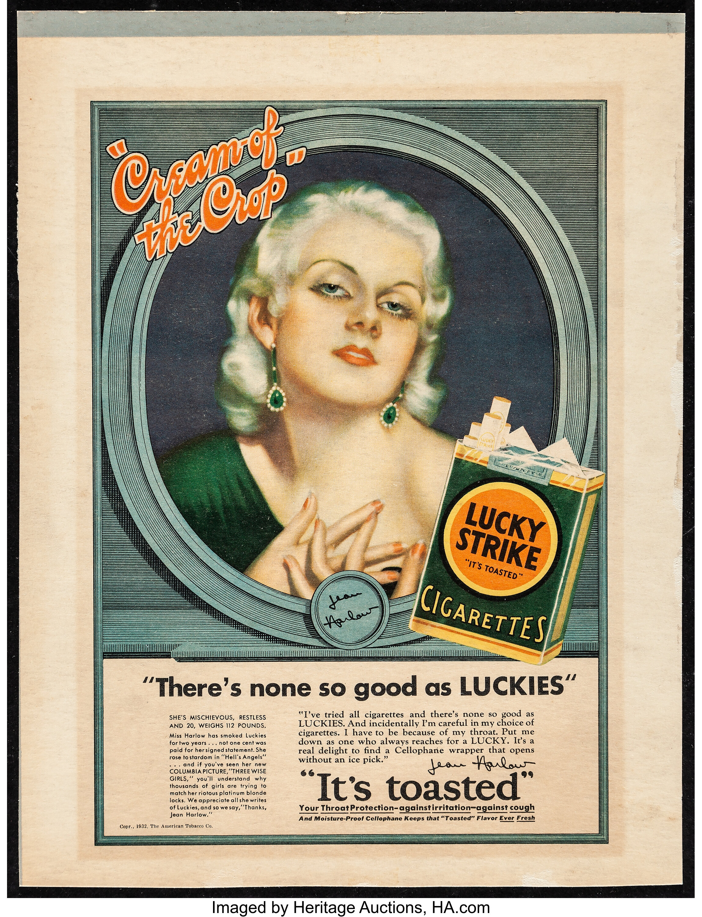 Jean Harlow Lucky Strikes Ad (American Tobacco Company, 1932) | Lot ...