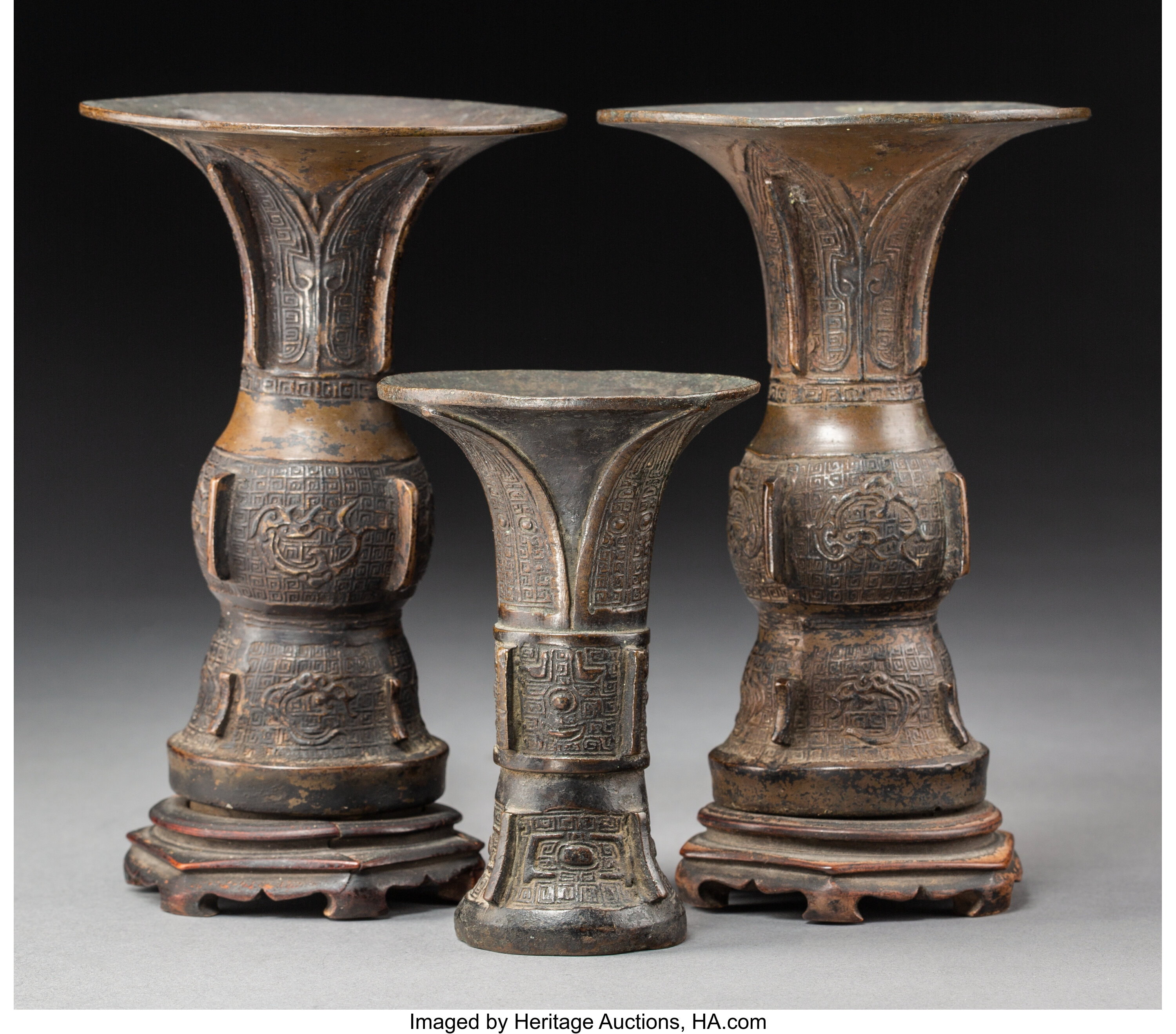 A Group Of Three Chinese Bronze Gu Vases Ming Qing Dynasty 6 1 2