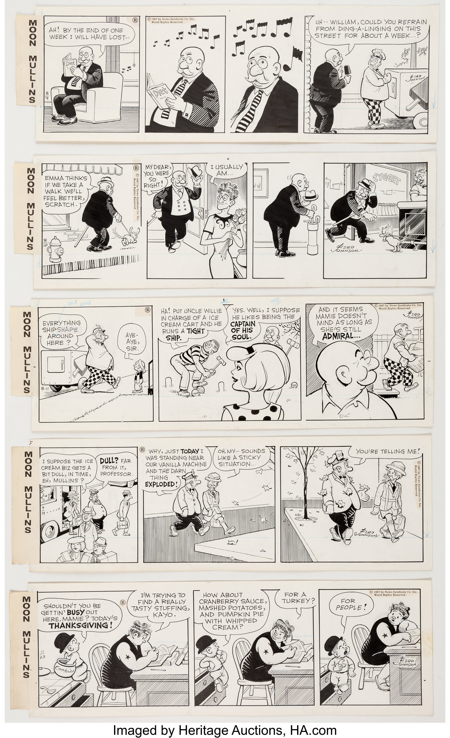 Ferd Johnson Moon Mullins Daily Comic Strip Original Art Group of 5 ...