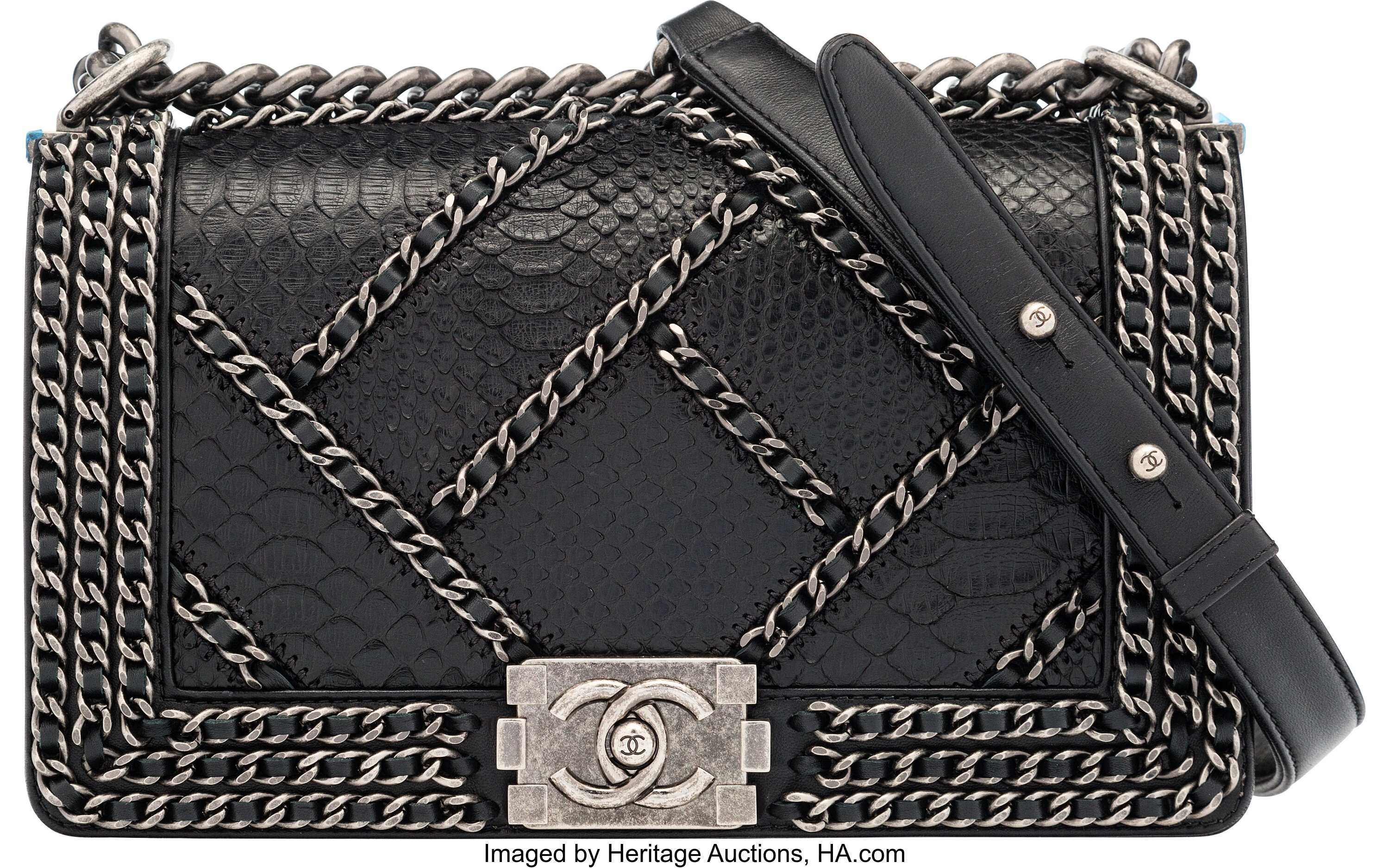 Chanel Black Python Enchanted Chain Medium Boy Bag with Ruthenium