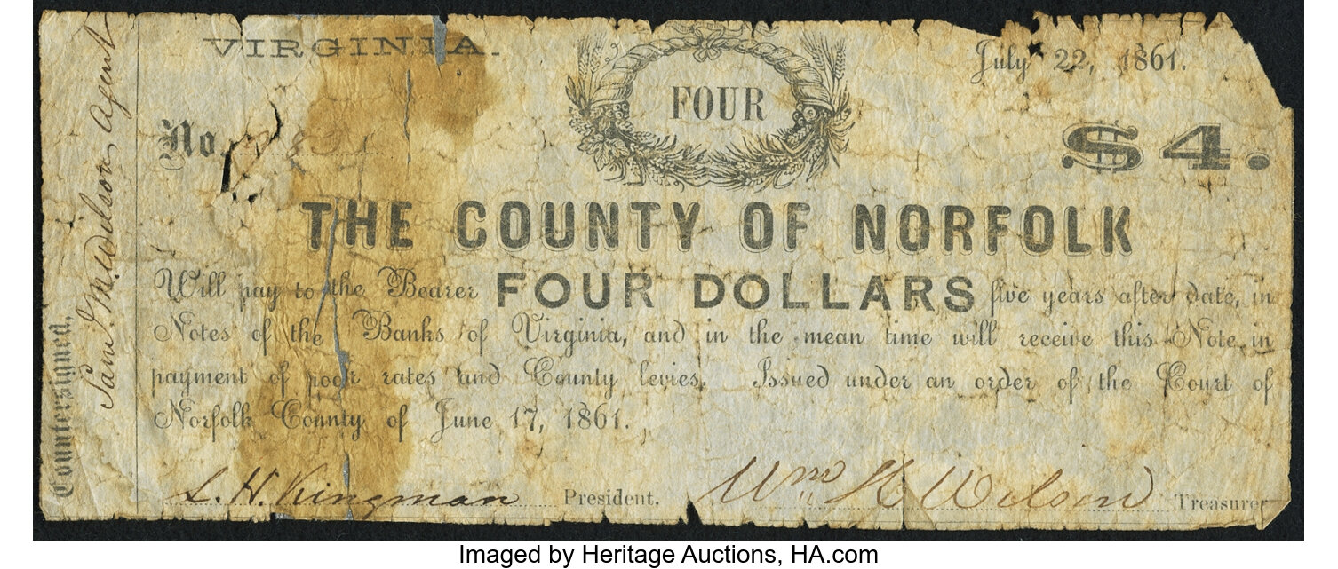 Norfolk County Va County Of Norfolk 4 July 22 1861 Jones Lot Heritage Auctions