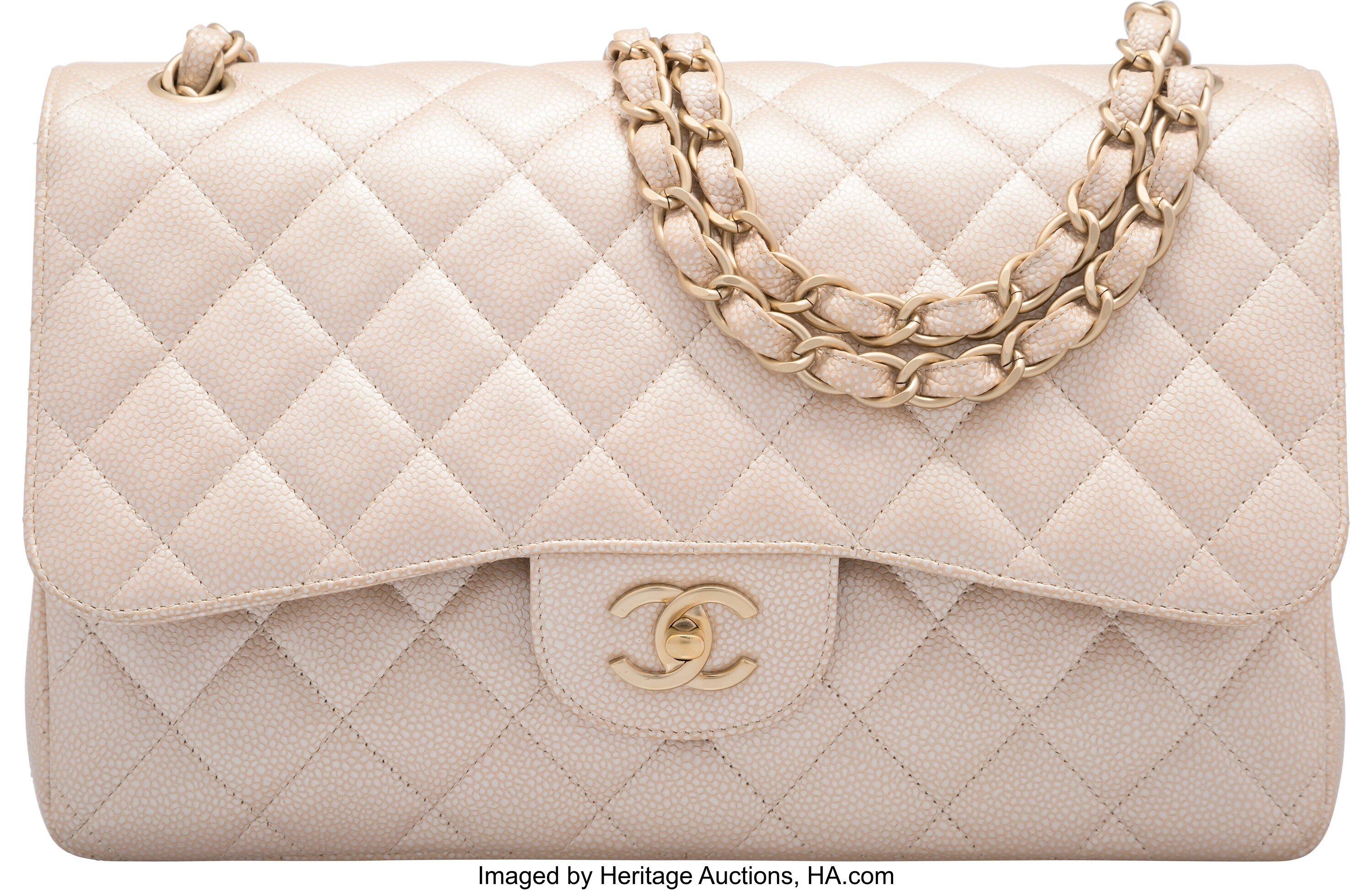 Chanel Champagne Pearl Quilted Caviar Leather Jumbo Double Flap Bag | Lot  #58226 | Heritage Auctions