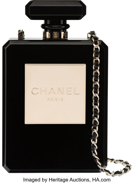 Chanel Black Quilted Leather And White Perspex Perfume Bottle