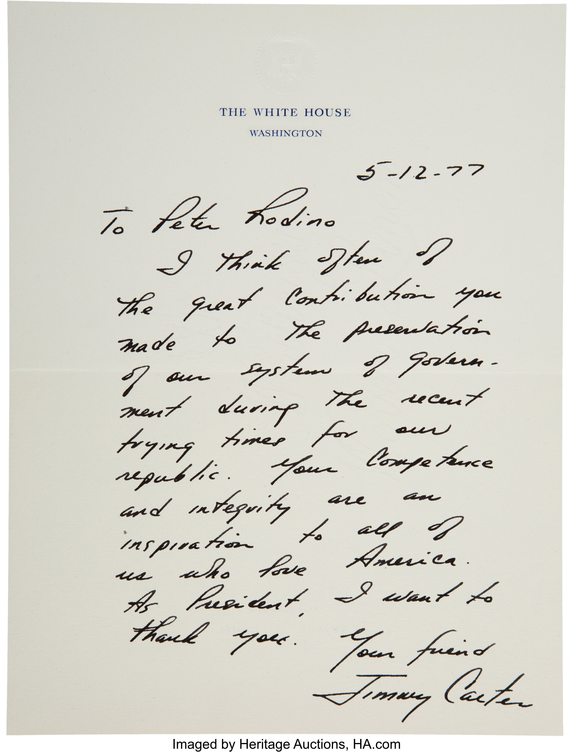 The letter that Jimmy Carter wrote for the funeral of Congressman