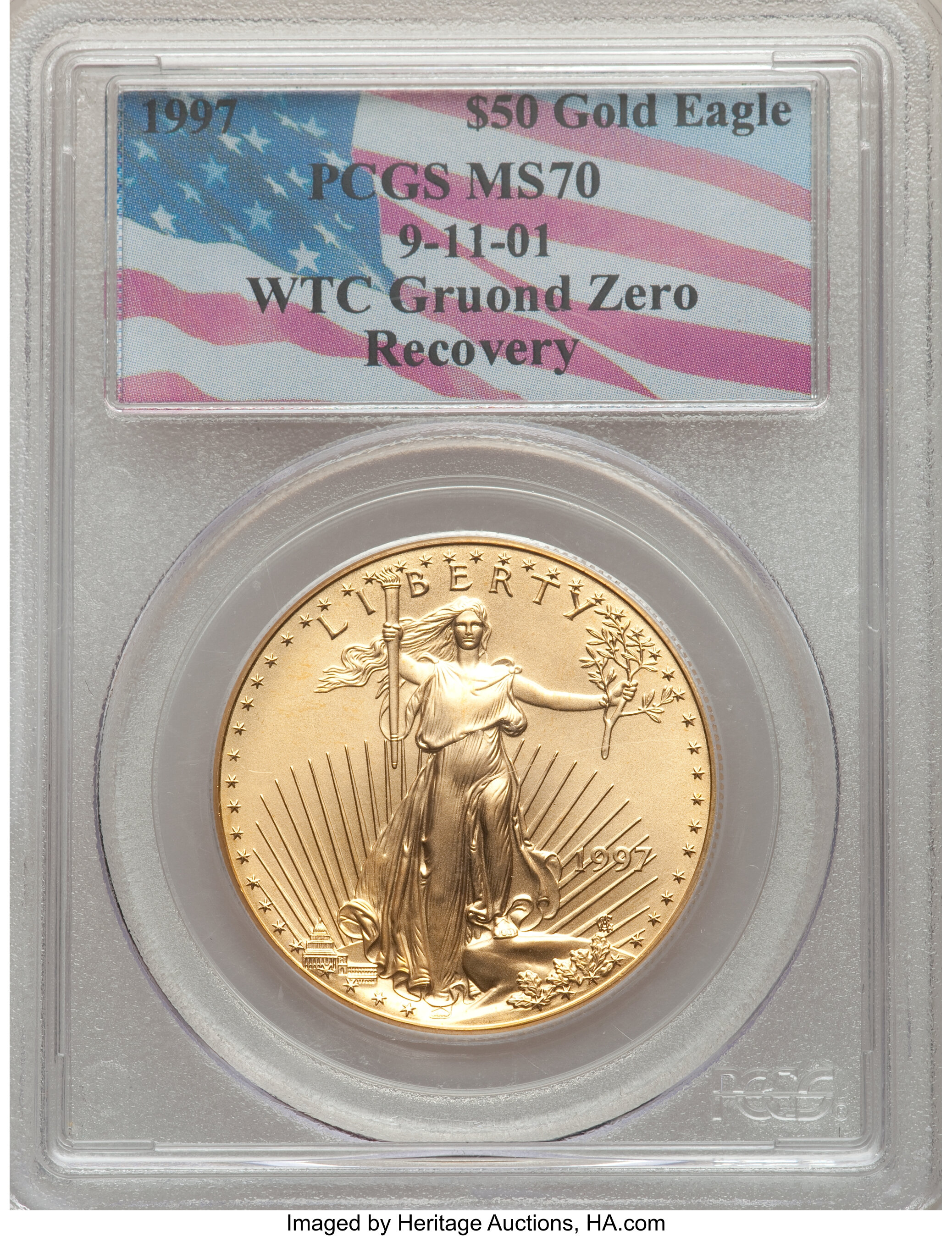 1997 $50 One-Ounce Gold Eagle MS70 PCGS. 9-11-2001 World Trade