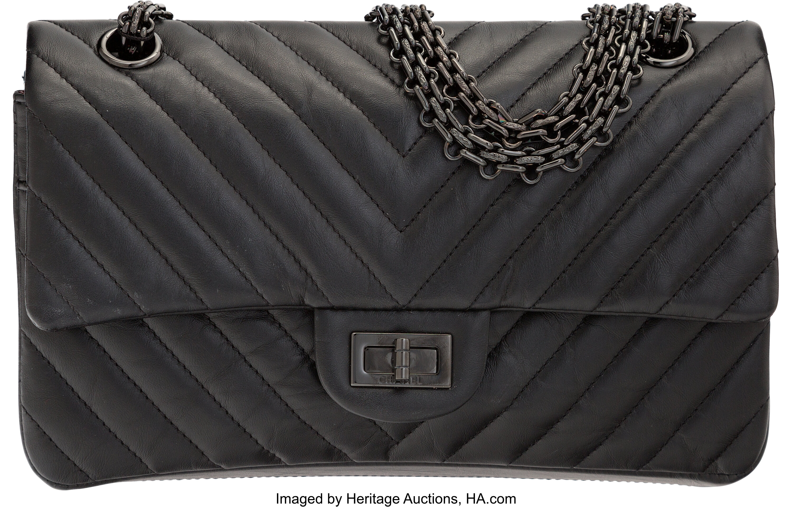 Chanel So Black Aged Chevron Quilted Lambskin Leather 2.55 Reissue, Lot  #58202