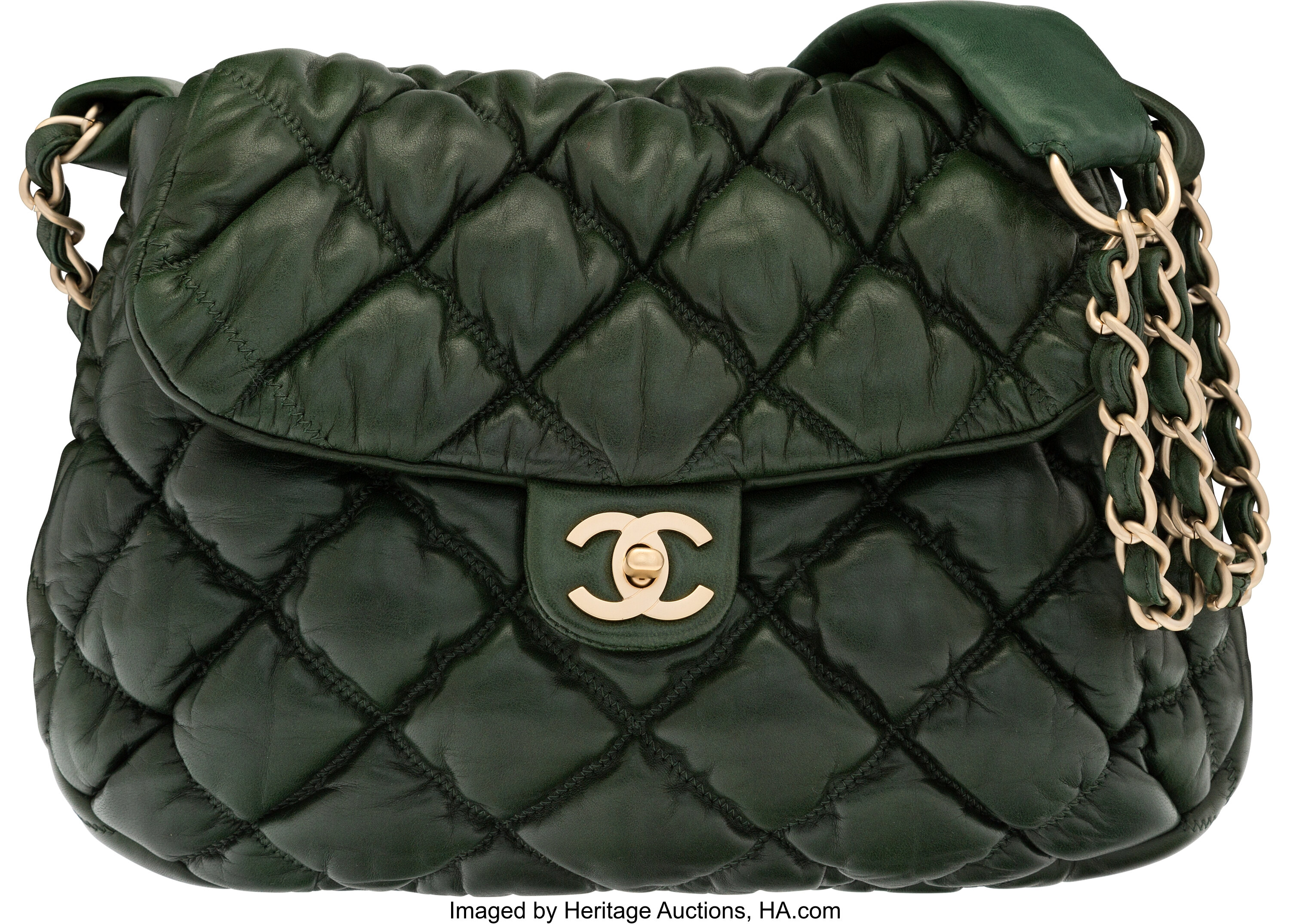 Chanel Dark Green Bubble Quilted Lambskin Leather Shoulder Bag