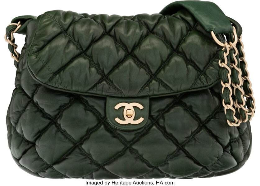 Chanel Dark Green Bubble Quilted Lambskin Leather Shoulder Bag., Lot  #58388