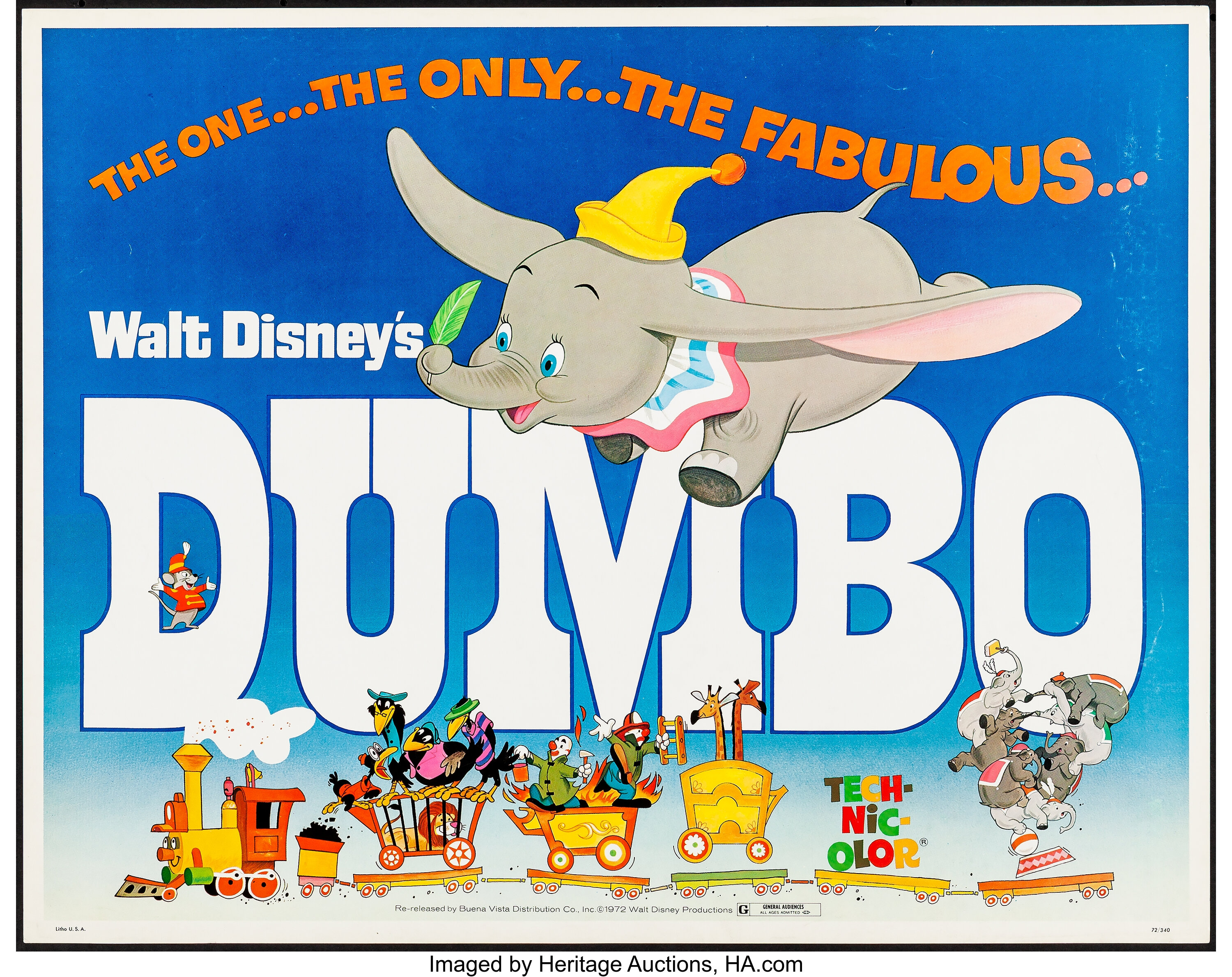 Dumbo (Buena Vista, R-1972). Rolled, Very Fine-. Half Sheet (22