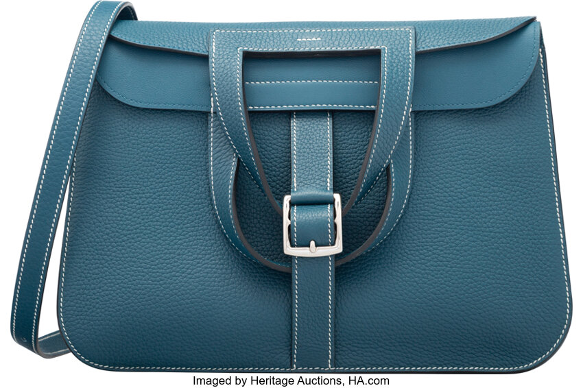HERMES Halzan 31cm Clemence Leather Crossbody Bag Blue