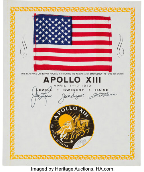 Apollo 13 Flown American Flag On A Crew Signed Certificate - 