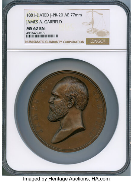U.S. Mint Medals, 1881-Dated James A. Garfield Presidential Medal MS62 Brown NGC. Julian-PR-20. Bronze, 77 mm....