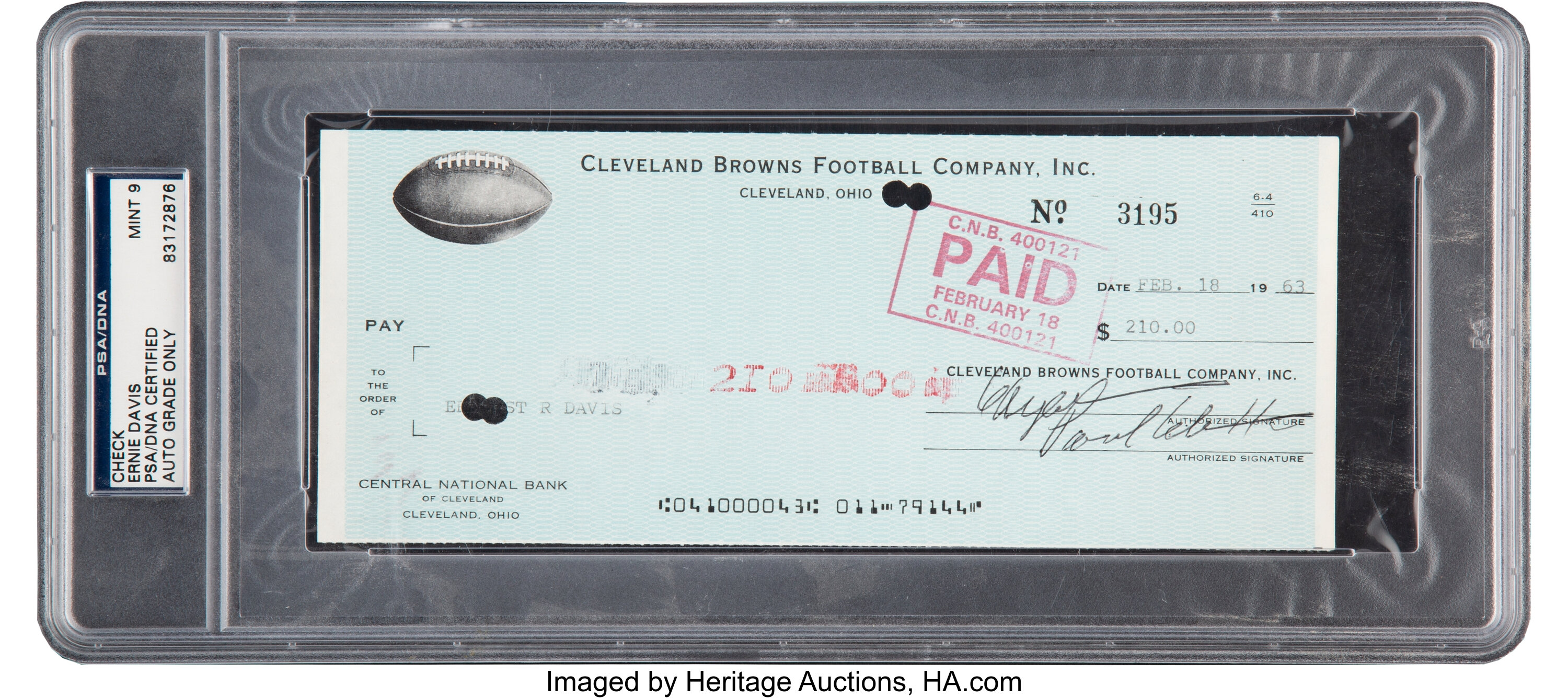 1963 Ernie Davis Signed Cleveland Browns Check - Written Just One