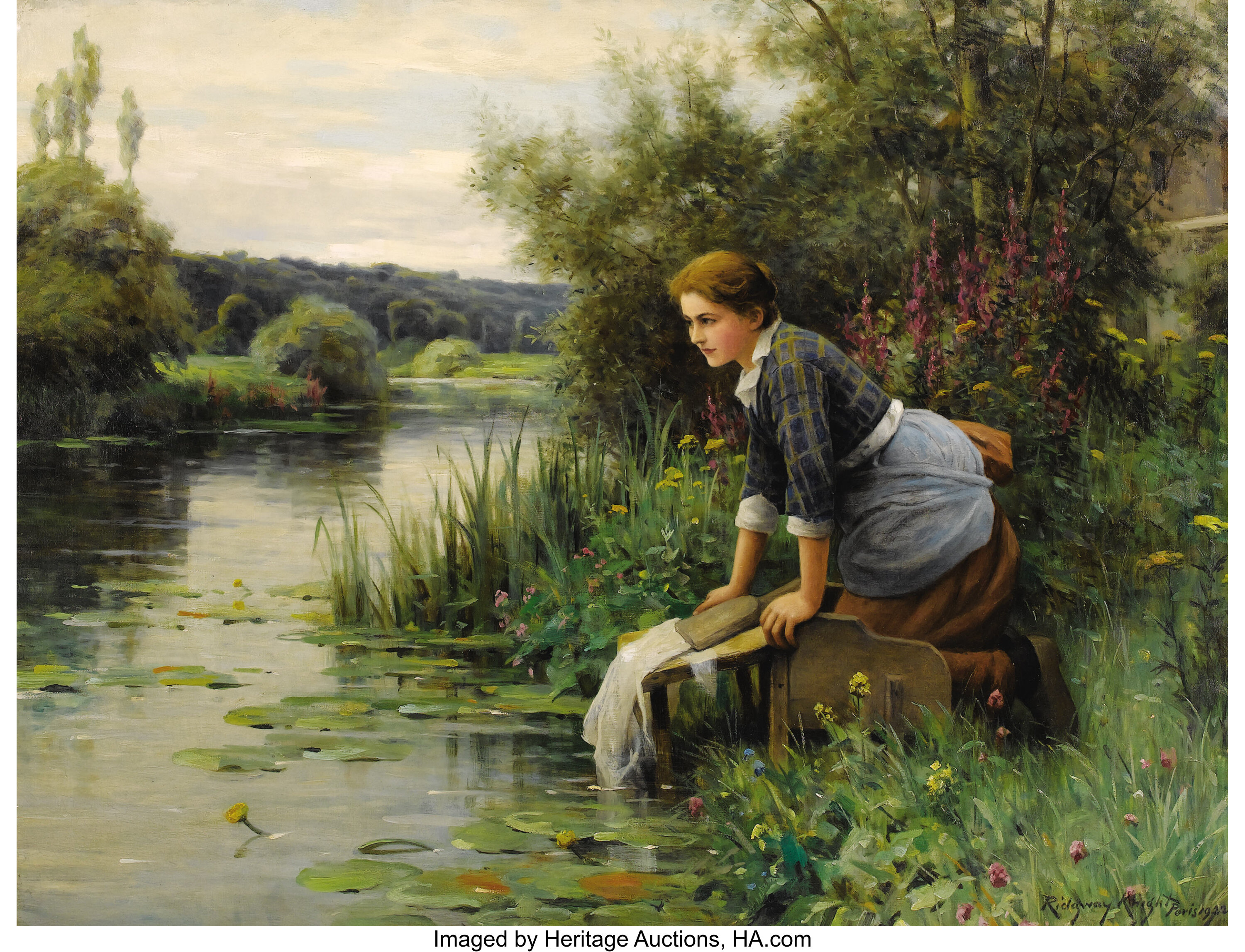 На берегу реки стоит. Daniel Ridgway Knight картины. Даниэль Риджуэй Найт рыбачка. Художник Daniel Ridgway Knight (1839-1924). Картины Даниэля РИДЖУЭЙЯ Найта.