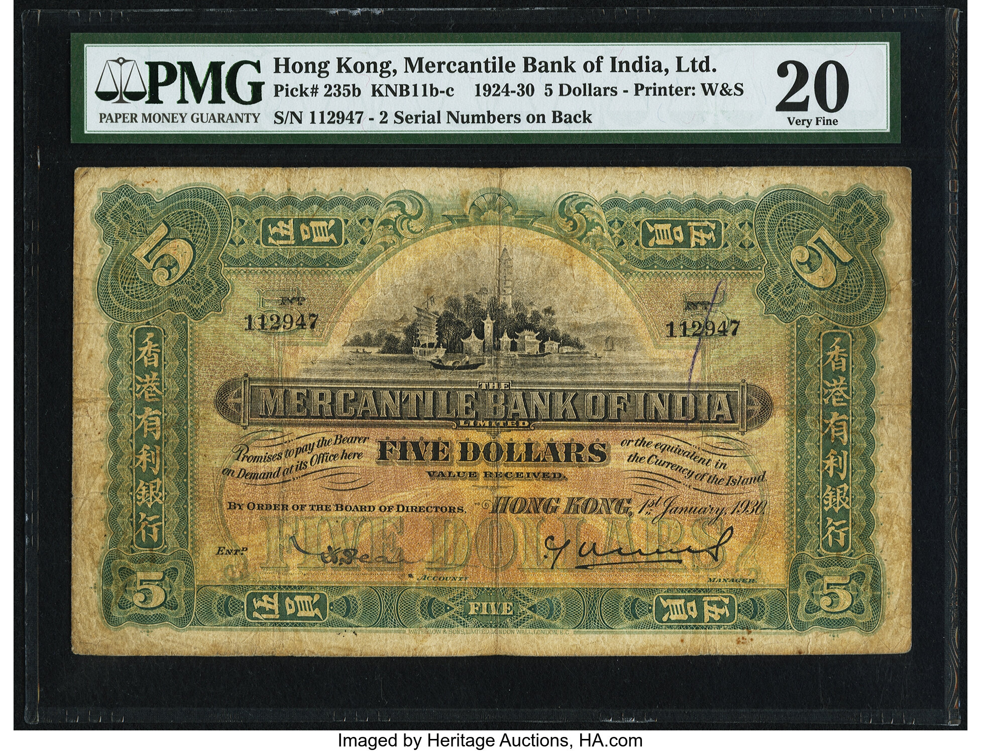 Hong Kong Mercantile Bank of India, Limited 5 Dollars 1.1.1930