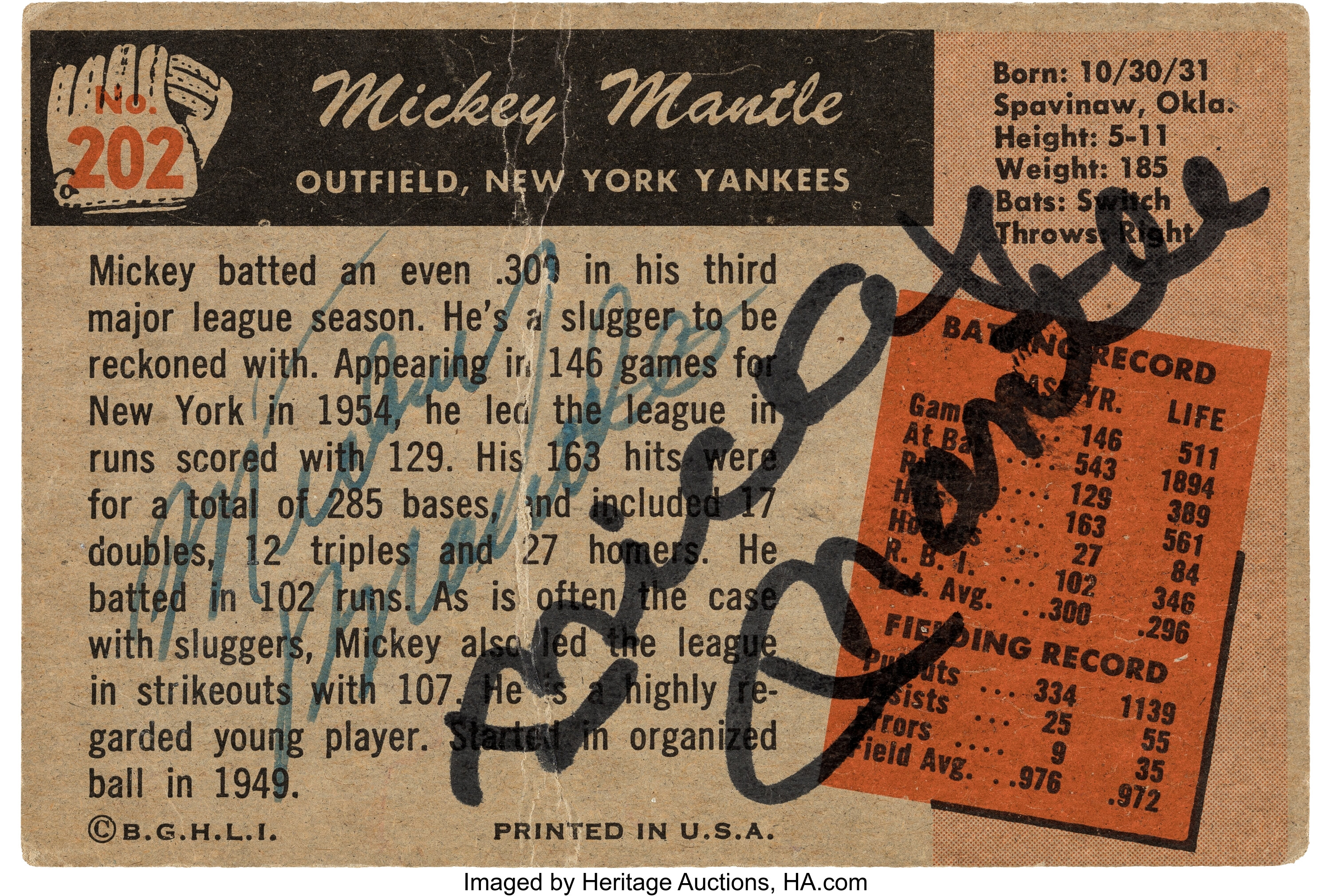 Signed 1955 Bowman Mickey Mantle 202 Card Baseball Lot 53326