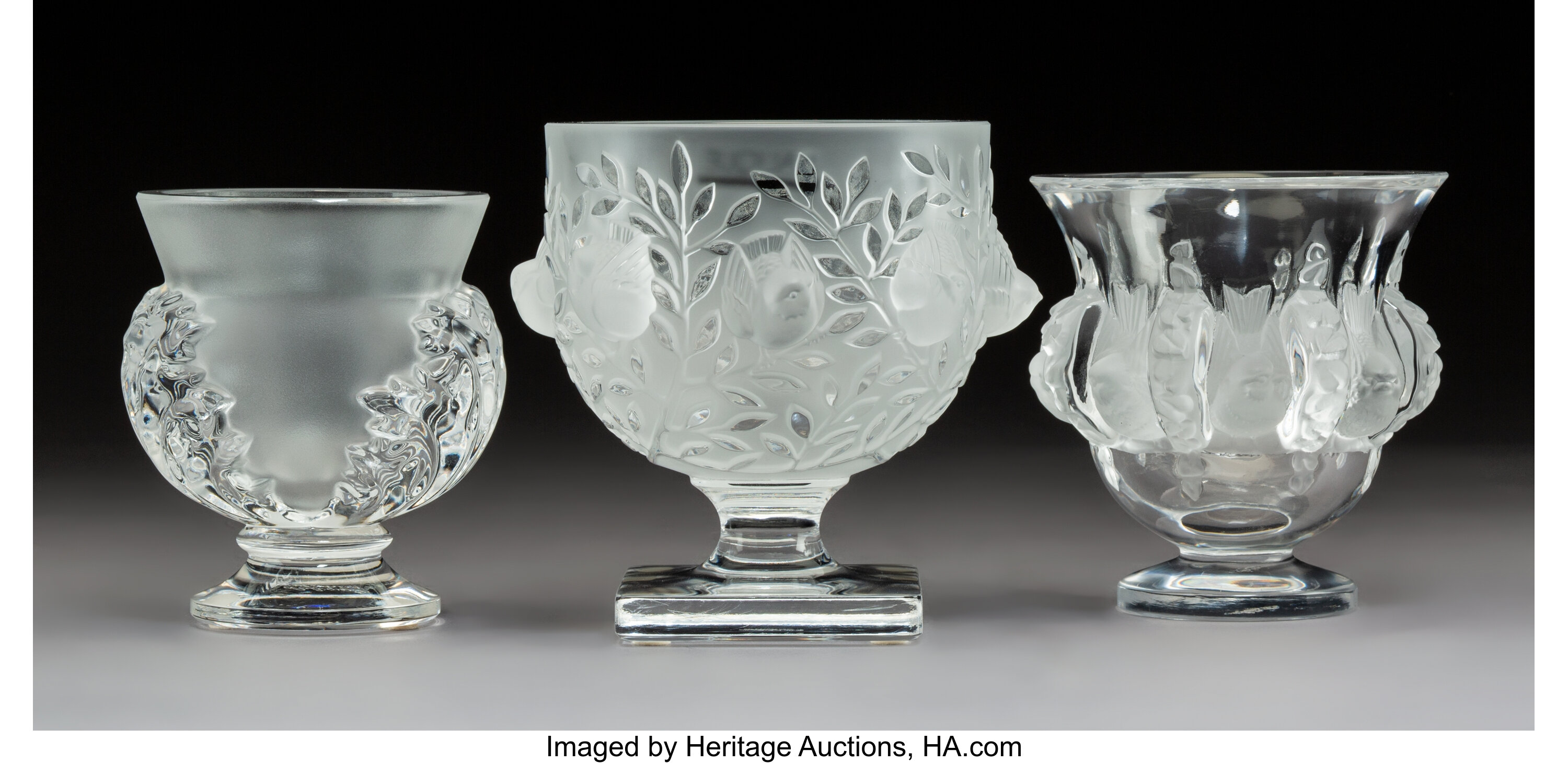 Three Lalique Glass Vases Post 1945 Marks To Each Lalique