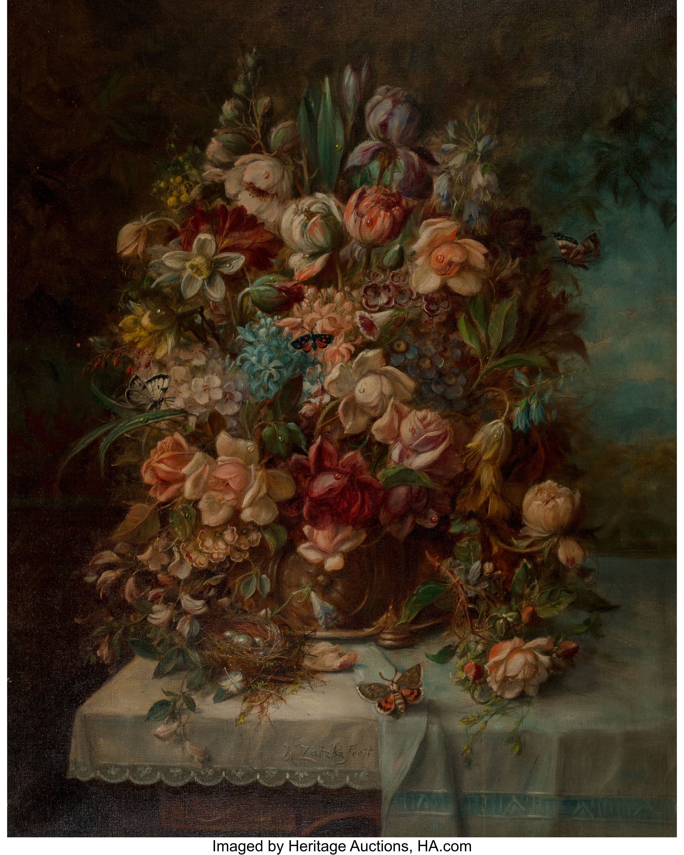 Hans Zatzka (Austrian, 1859-1945). Floral still life on a draped | Lot ...