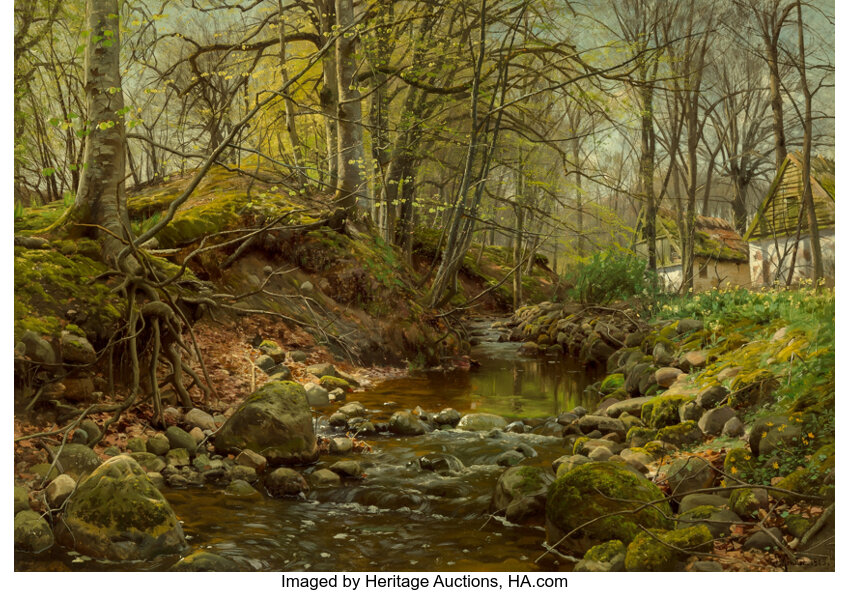 Peder Mork Monsted (Danish, 1859-1941). A forest stream, 1905. Oil