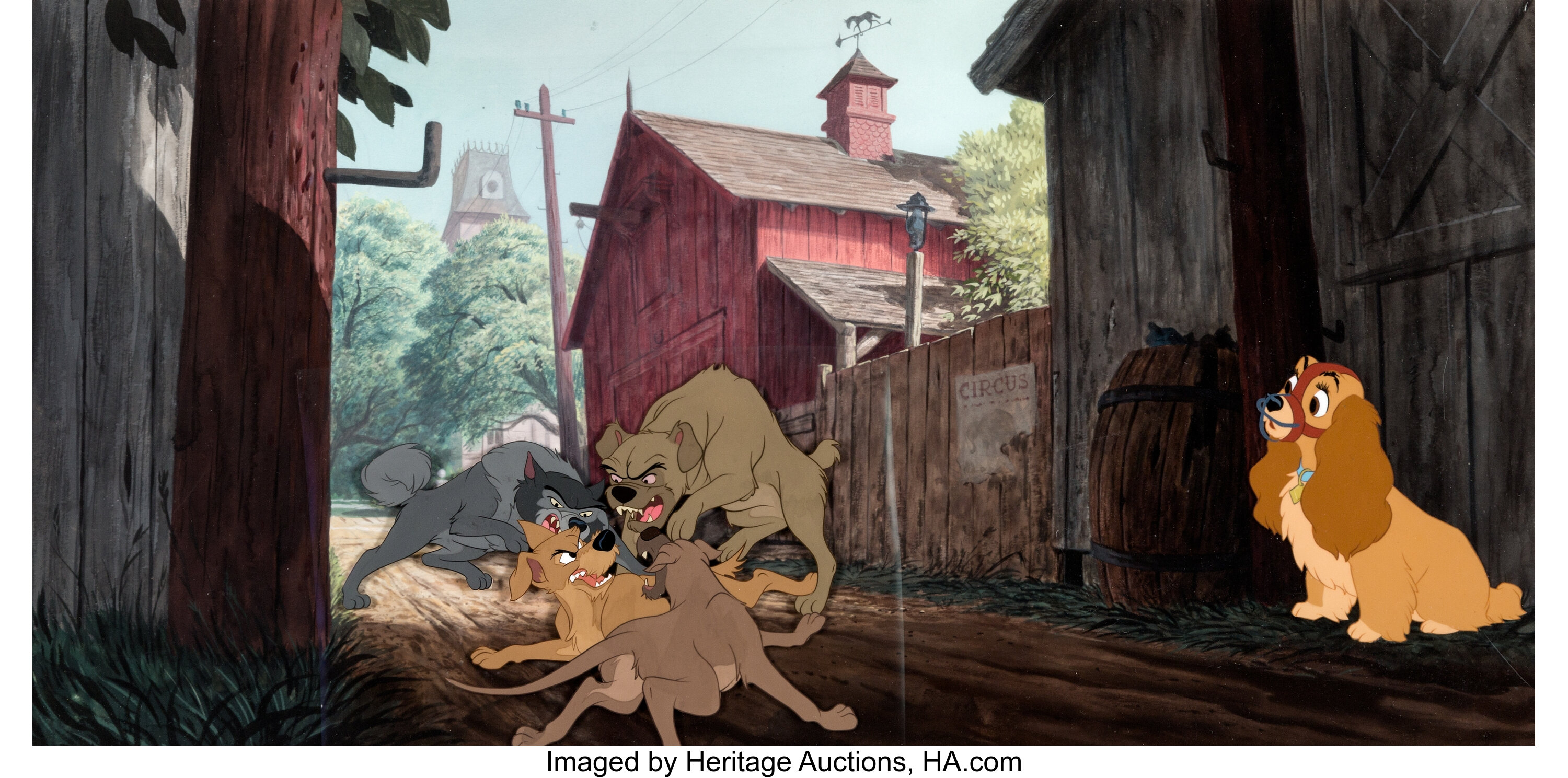 Lady and the Tramp Lady, Tramp, Scamp, and Jock Production Cel Setup with  Pan Master Background Walt Disney, 1955 by Walt Disney Studios on artnet