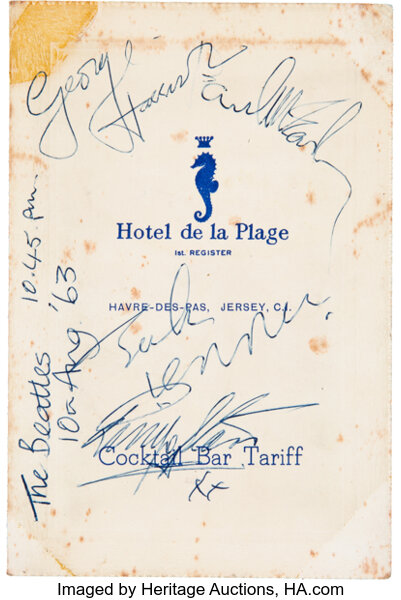 The Beatles Signed Hotel De La Plage Menu 1963