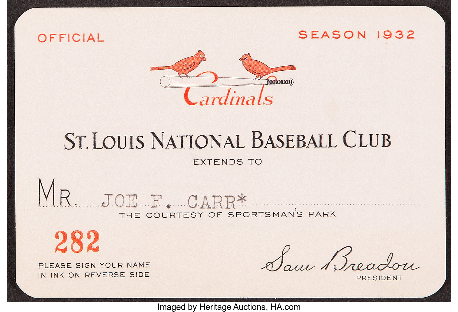 1932 St. Louis Cardinals Season Pass.... Baseball Collectibles | Lot #41194 | Heritage Auctions