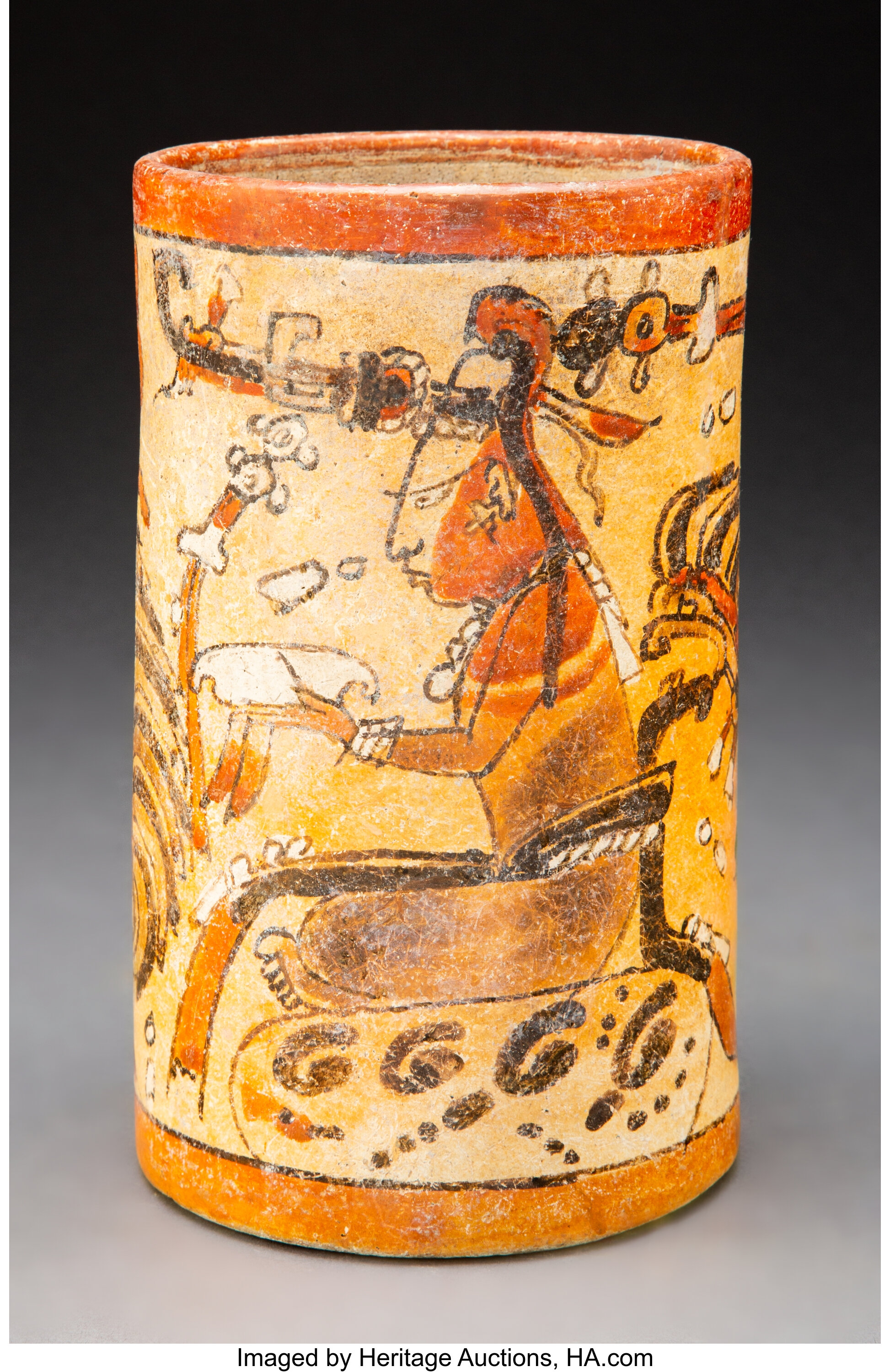 A Maya Polychrome Cylinder Vase C 600 800 Ad Pre Columbian