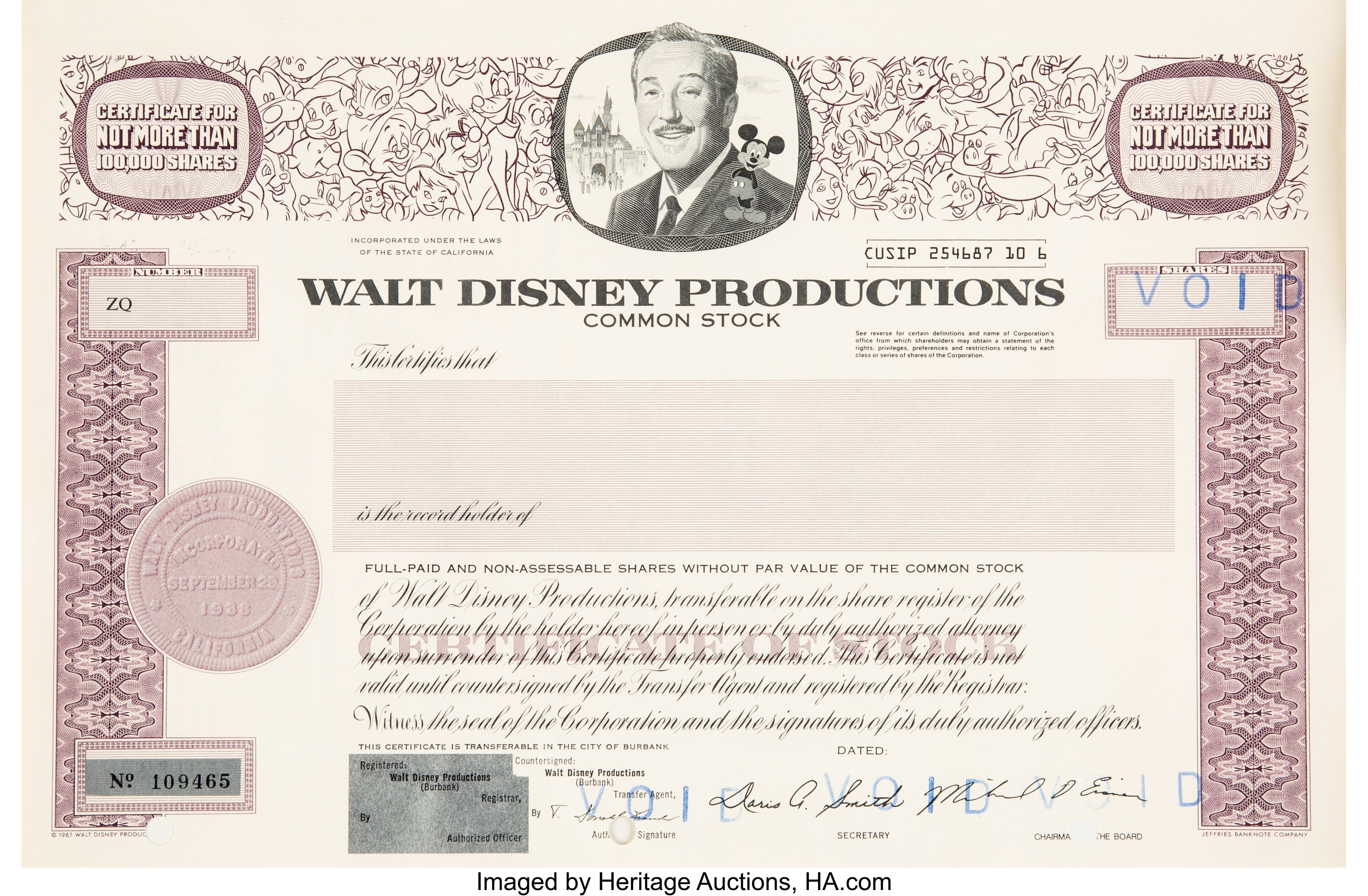 Walt Disney Productions Common Stock Certificate (Walt Disney