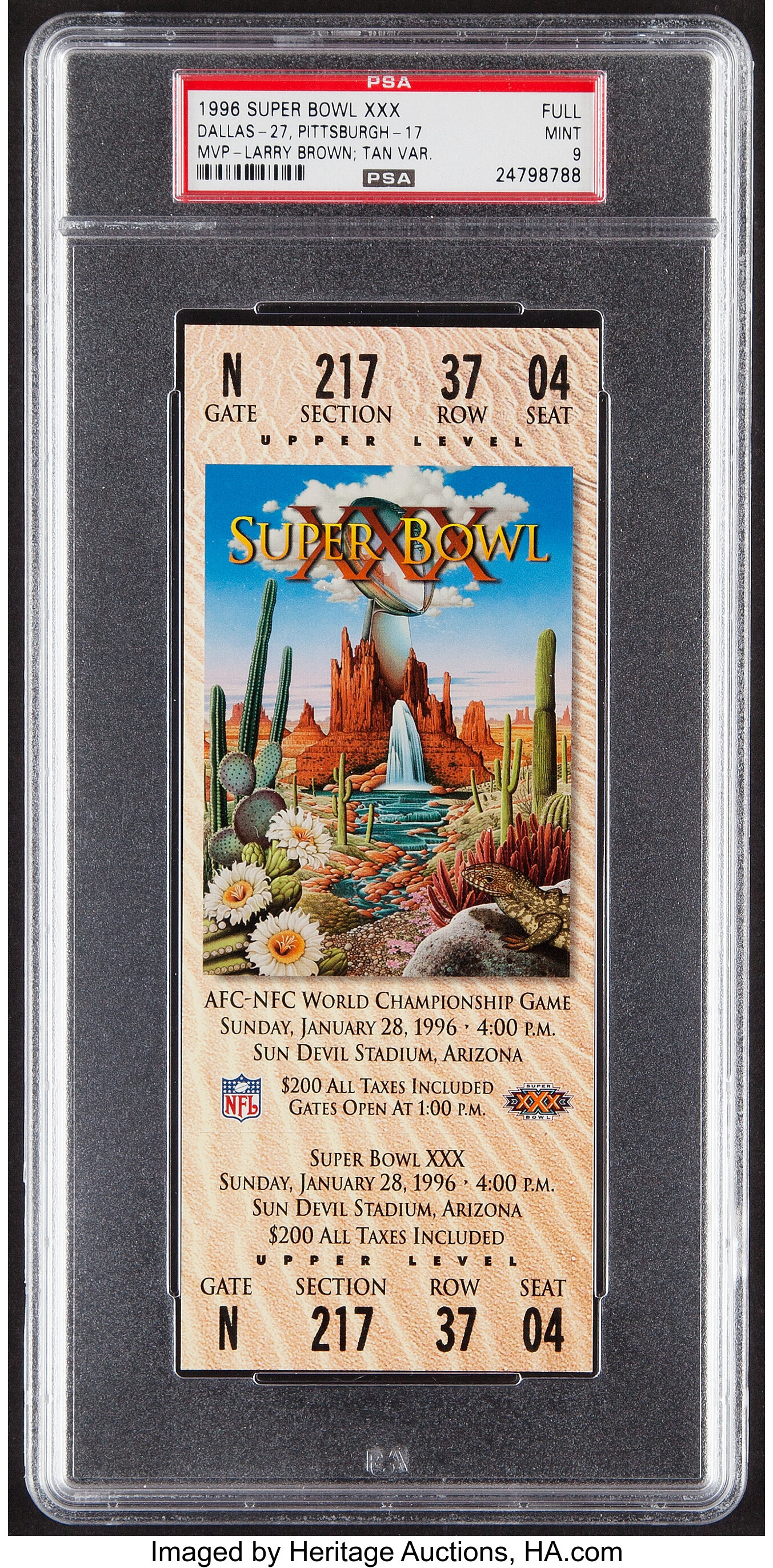 1996 Super Bowl XXX (Tan) Full Ticket PSA Mint 9 - Dallas Cowboys, Lot  #44239