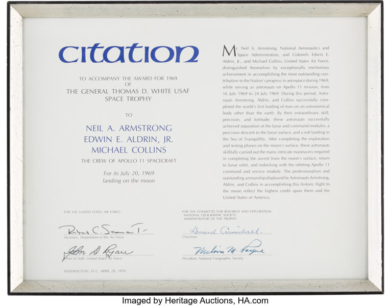 Apollo 11 General Thomas D White Space Trophy Citation Awarded To Lot Heritage Auctions