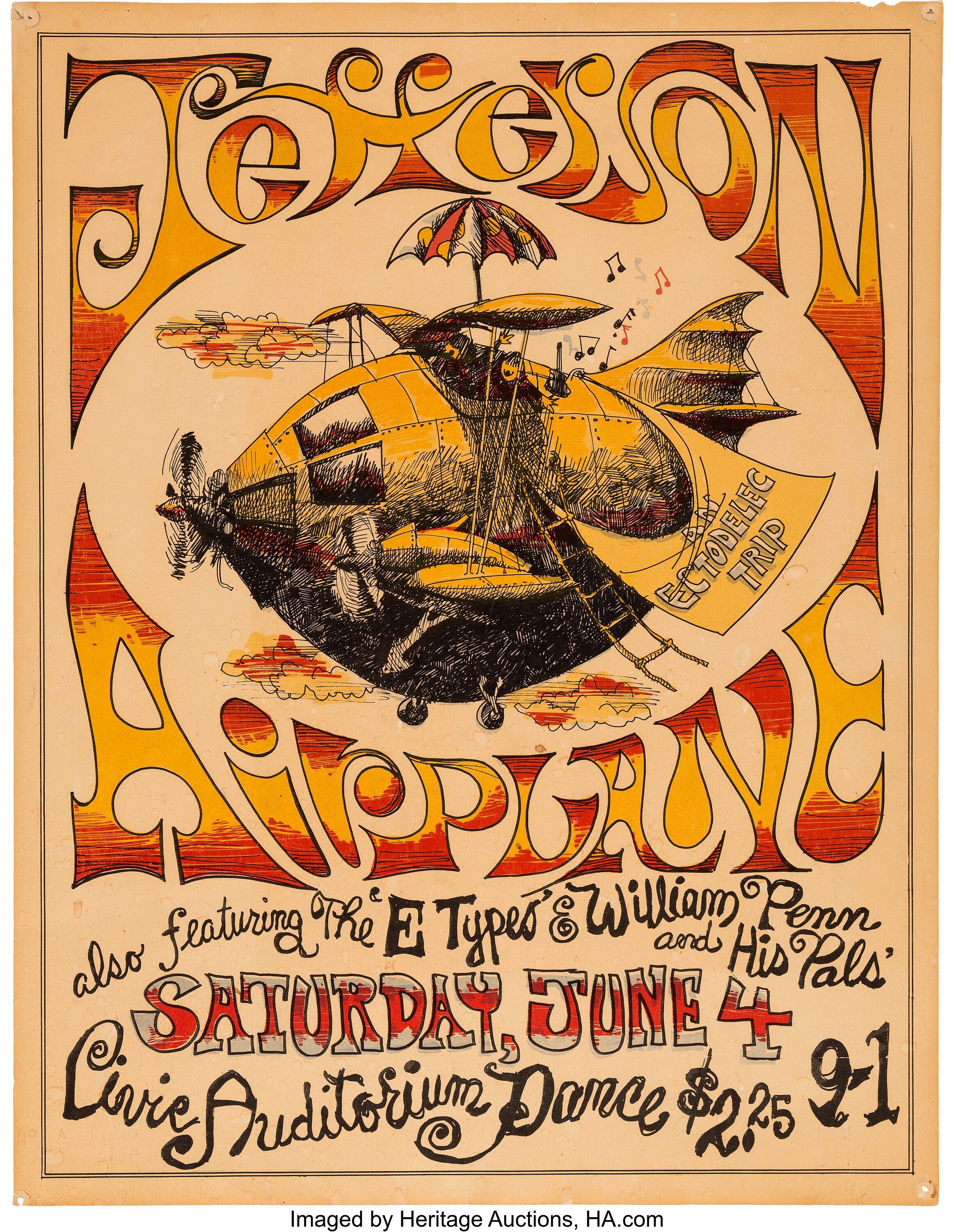 Jefferson Airplane 1966 Concert Poster - San Jose Civic | Lot #89037 ...