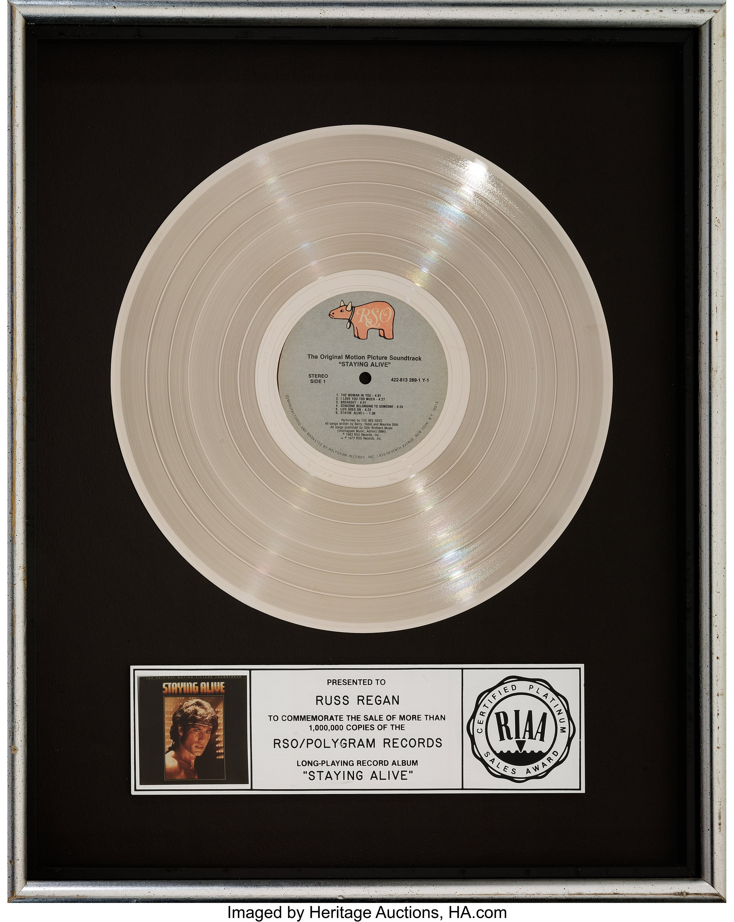 Staying Alive Soundtrack RIAA Platinum Sales Award (RSO/Polygram