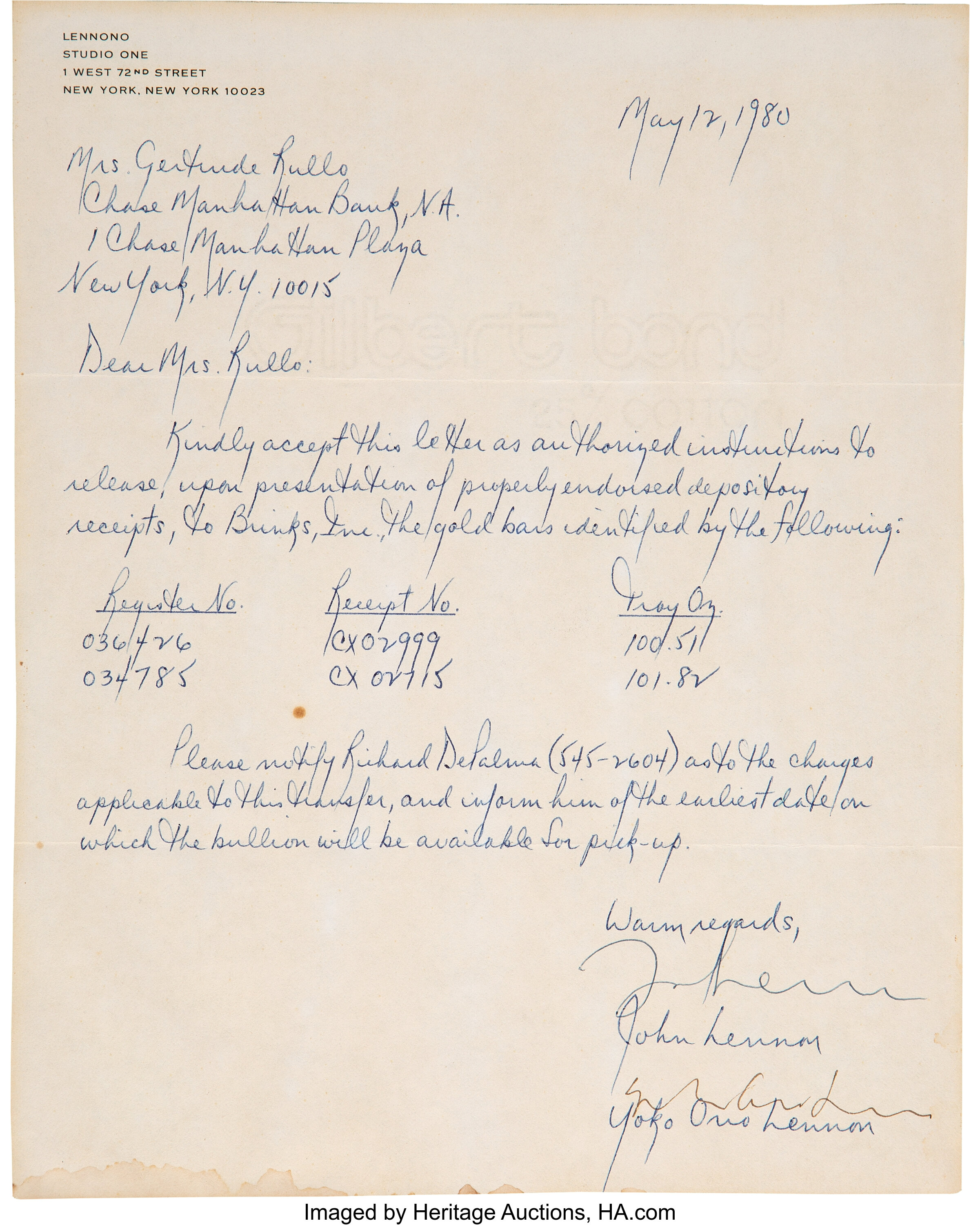 John Lennon and Yoko Ono Hand-Signed Letter to Gertrude Rullo | Lot ...