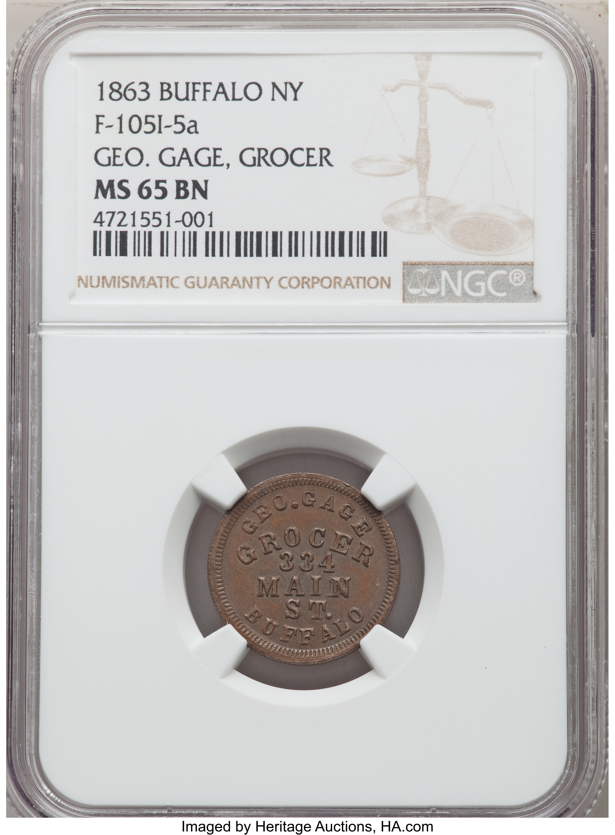 1863 Buffalo, Fuld-105I-5a, GEO, GAGE, GROCER, MS65 Brown NGC. | Lot #21288 | Heritage Auctions