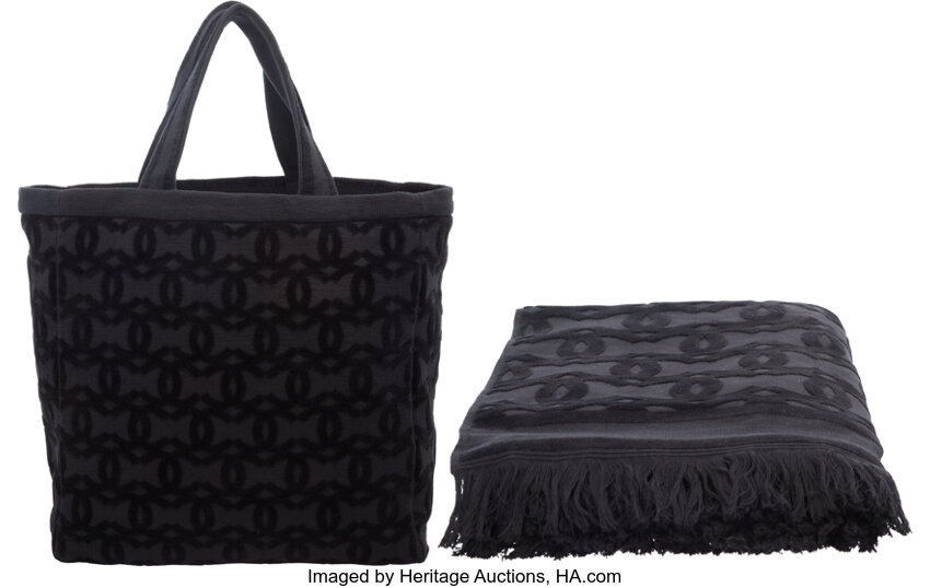 Chanel Set of Two: Black Terry Cloth Beach Tote & Towel. Condition:, Lot  #16051