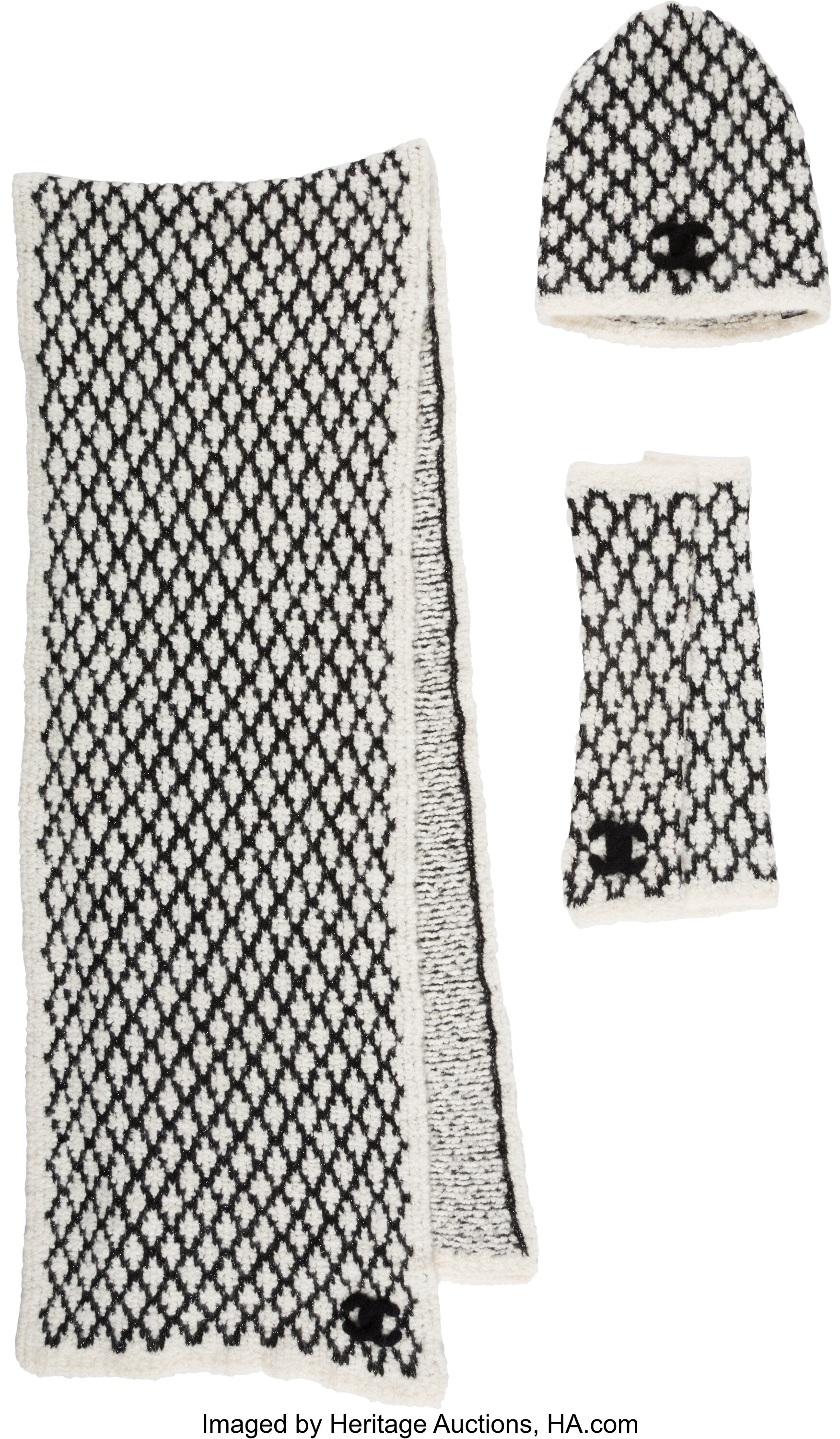 Chanel Set of Three: Black & White Cashmere Scarf, Hat