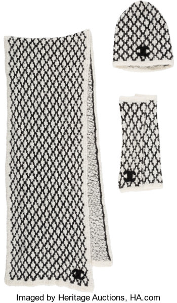 Chanel Set of Three: Black & White Cashmere Scarf, Hat & Fingerless, Lot  #16044