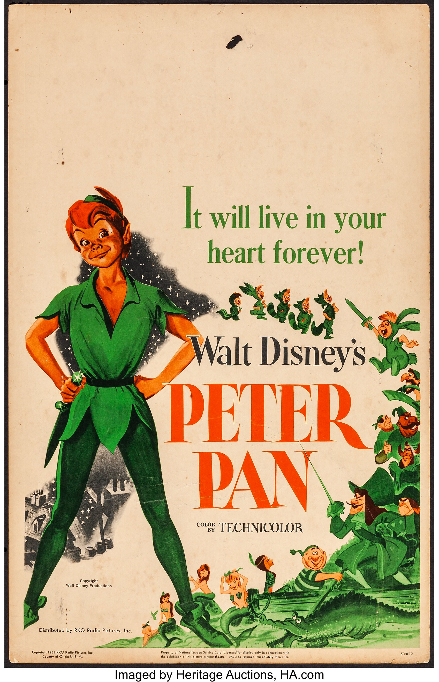 Peter Pan (RKO, 1953). Fine+. Window Card (14